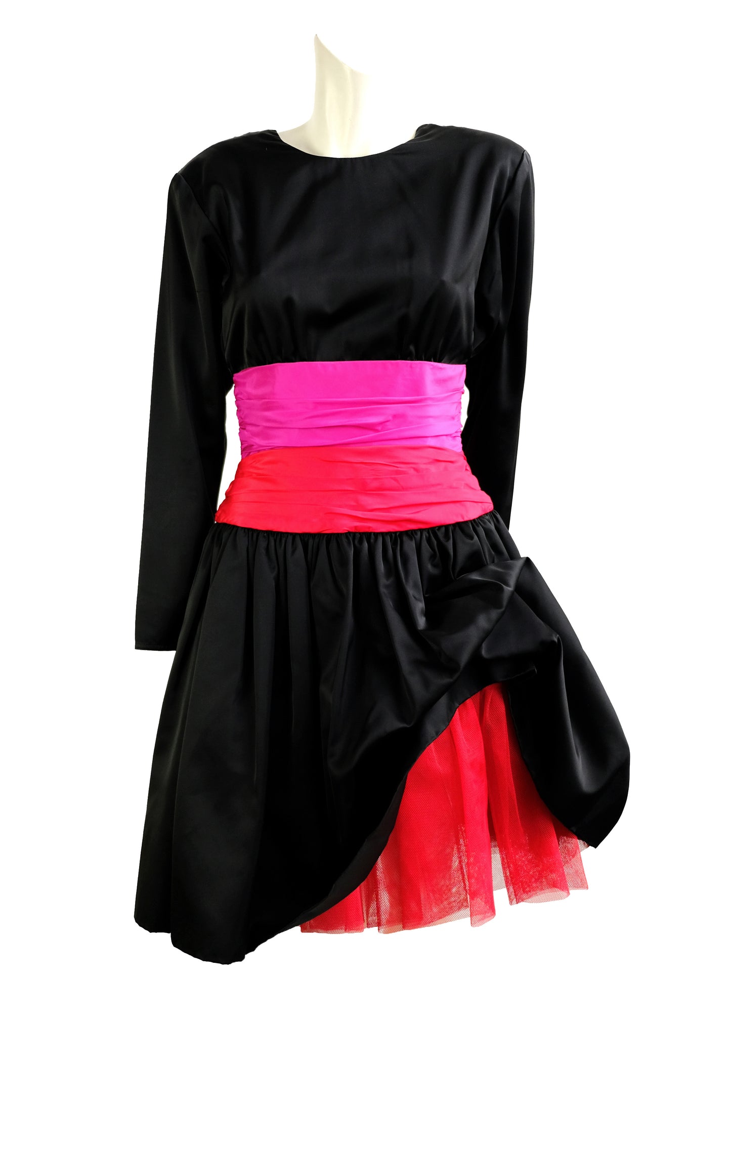 Roland Klein 1980s Party Dress in Black Satin with Pink & Red  Sash, Matching Handbag, UK10