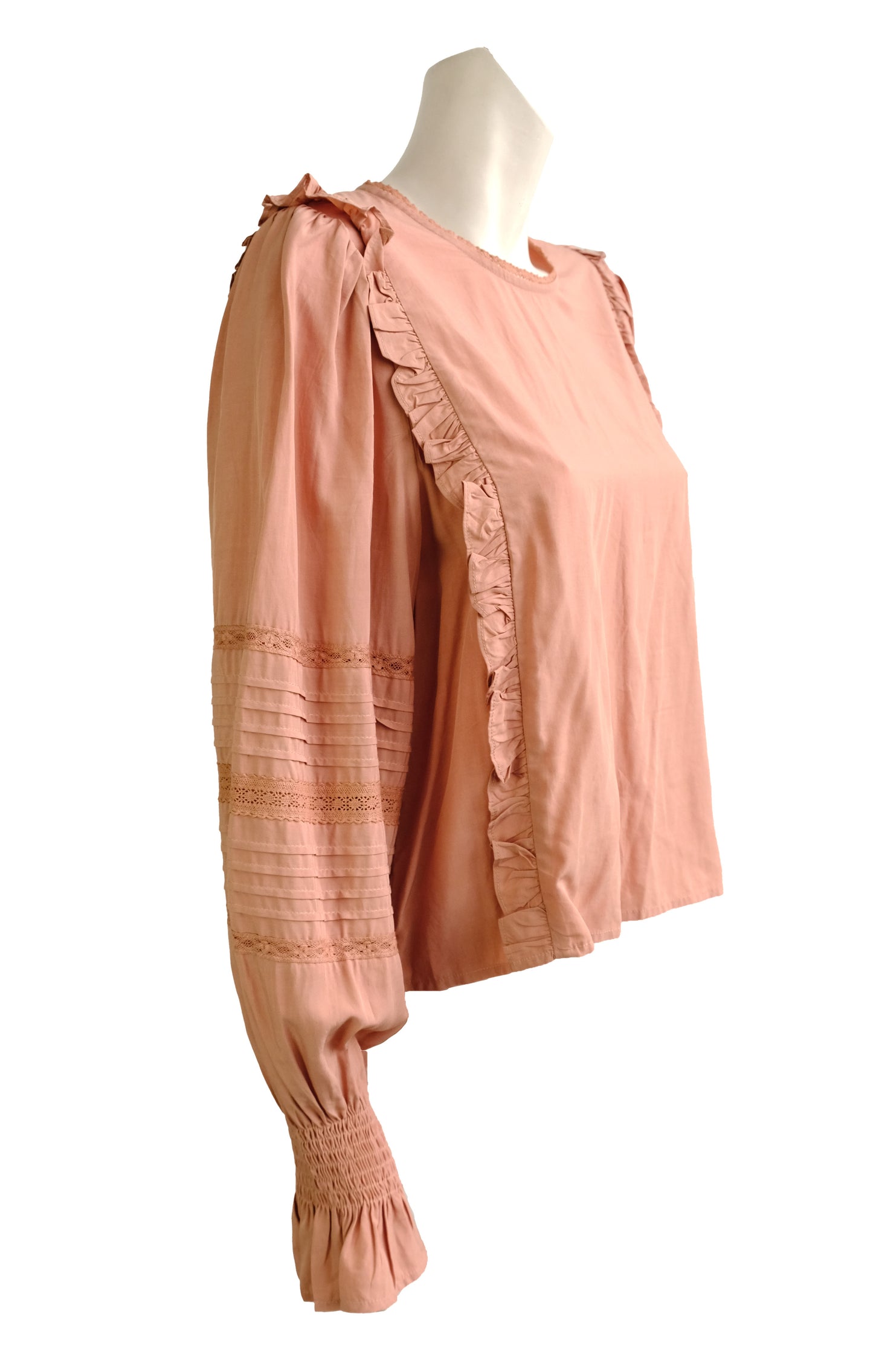 Meadows Dusky Pink Blouse with Frills and Lace, UK12