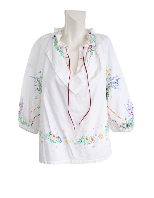 Leila Ray Upcycled Embroidered Peasant Blouse, Medium