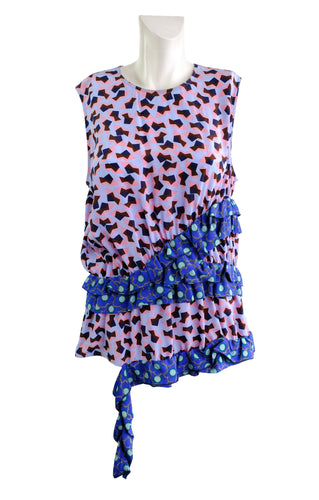 Marni Sleeveless Ruffle Top in Blue and Pink Print Silk, UK14