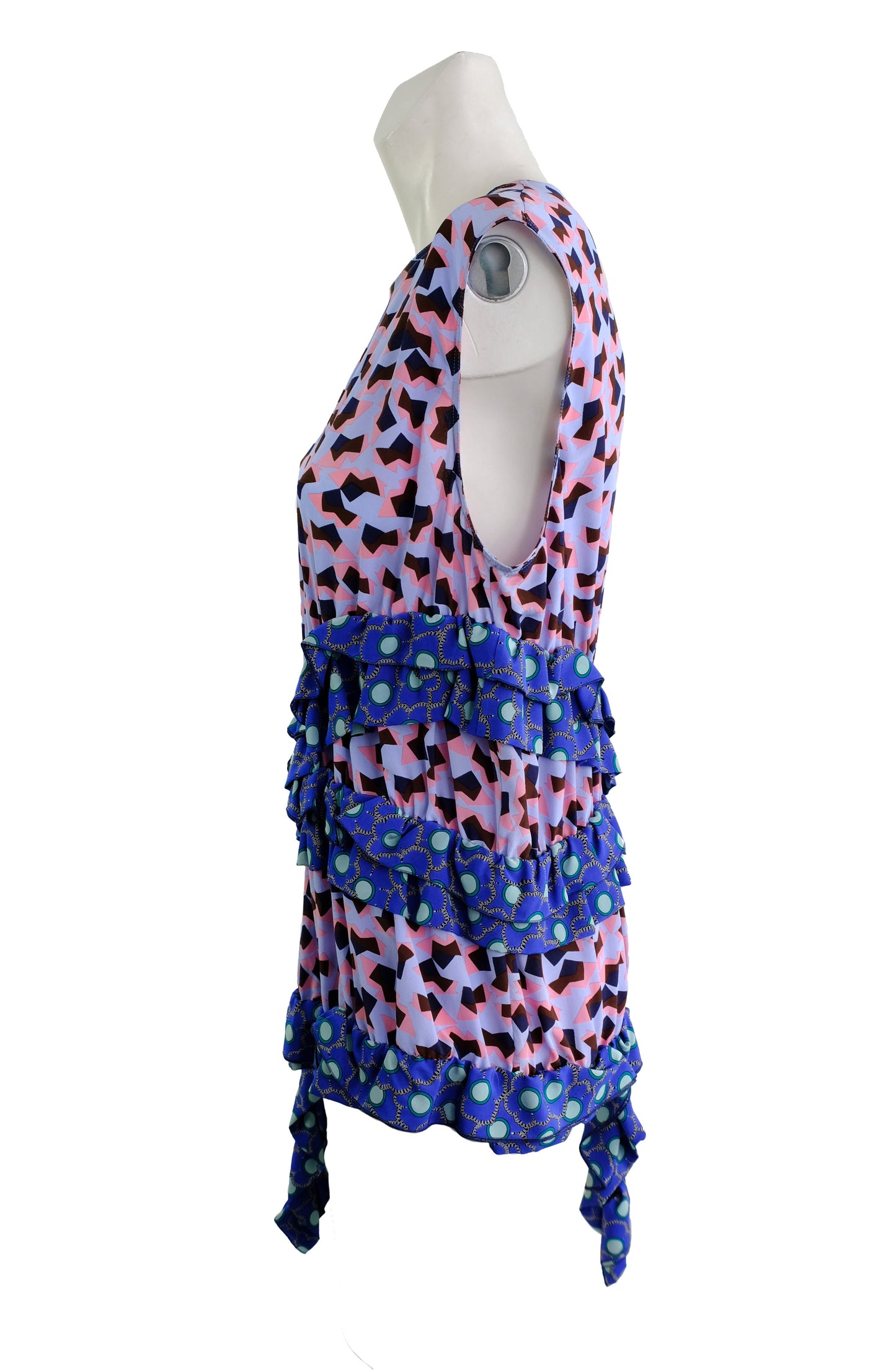 Marni Sleeveless Ruffle Top in Blue and Pink Print Silk, UK14