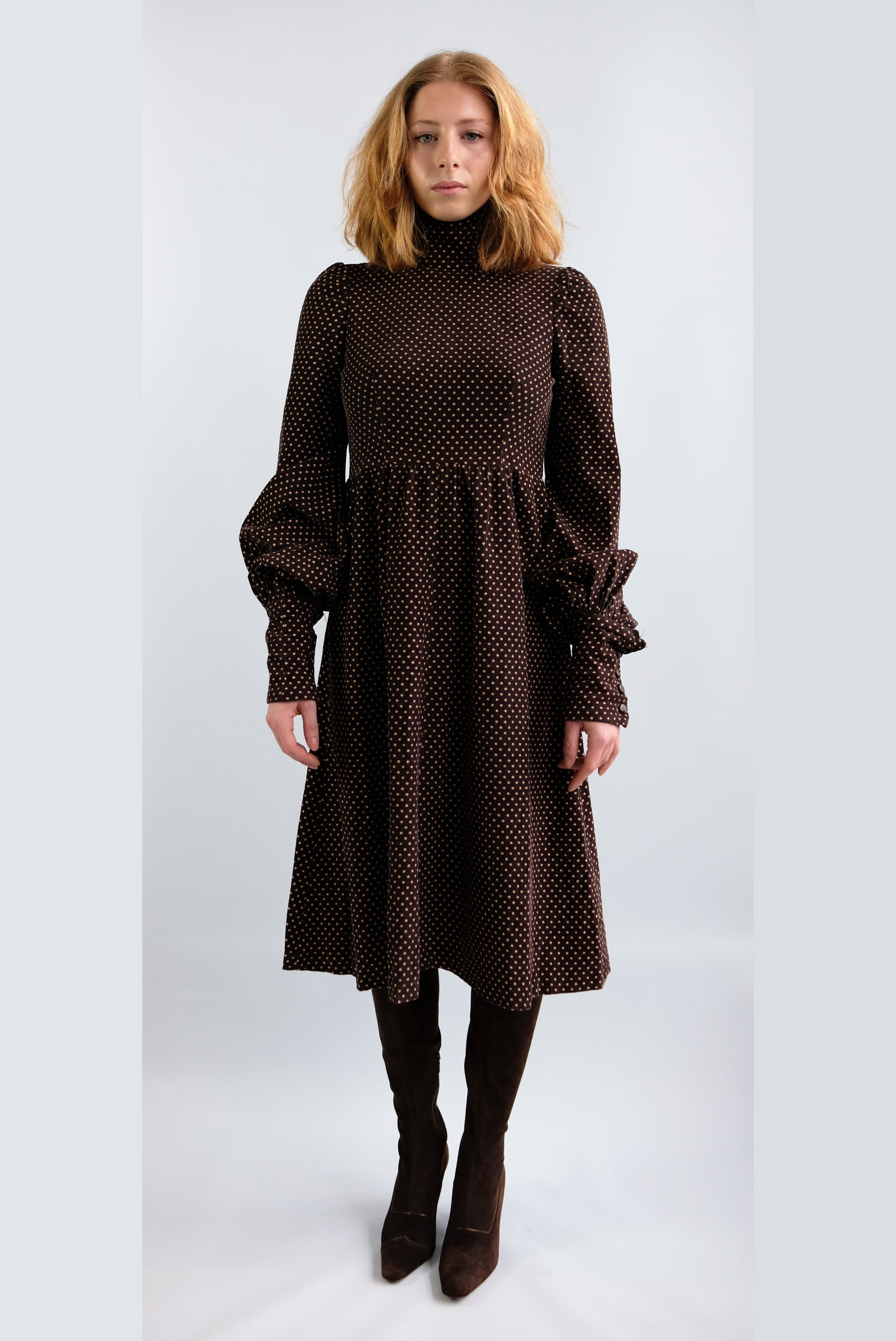 Biba Original 1970s Vintage Dress in Brown Polka Dot Needlecord