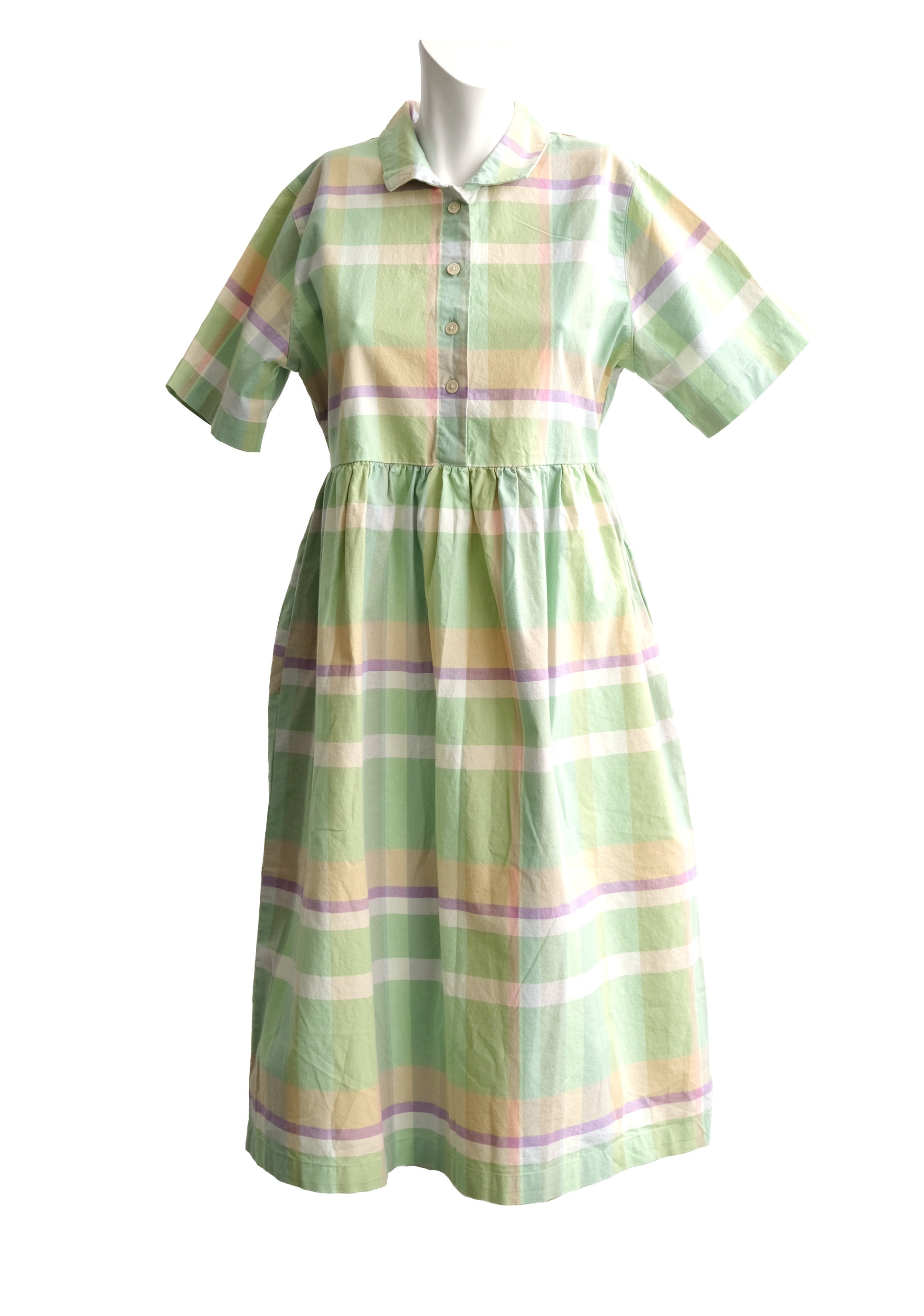 Folk Summer Shirtdress in Pale Green Check Cotton