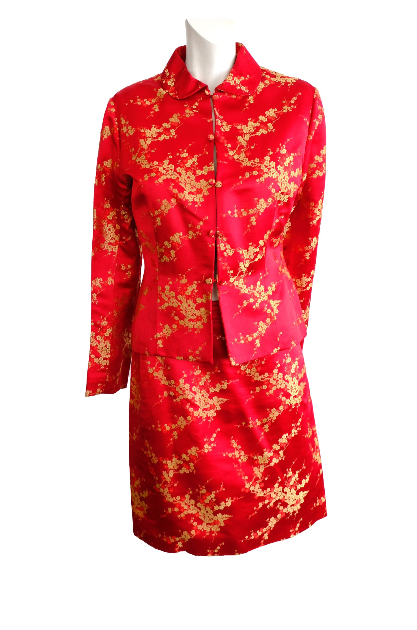 Handmade Vintage Skirt Suit in Red and Gold Chinese Silk, UK10