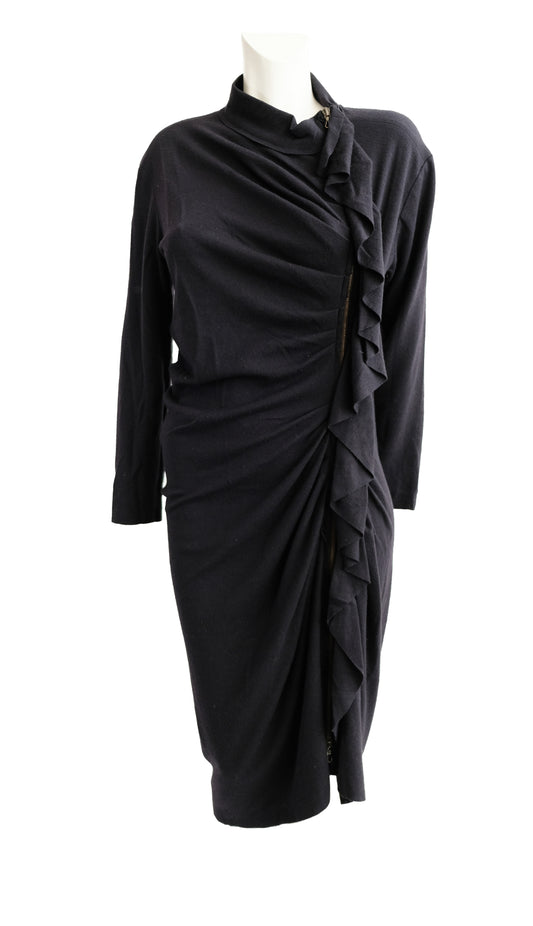 Lanvin Hiver 2009 Asymmetric Ruffle Zip Dress in Black Wool & Cashmere, UK12