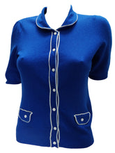 Vintage Electric Blue Cashmere Collared Cardigan with Piping, S/M