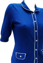 Vintage Electric Blue Cashmere Collared Cardigan with Piping, S/M