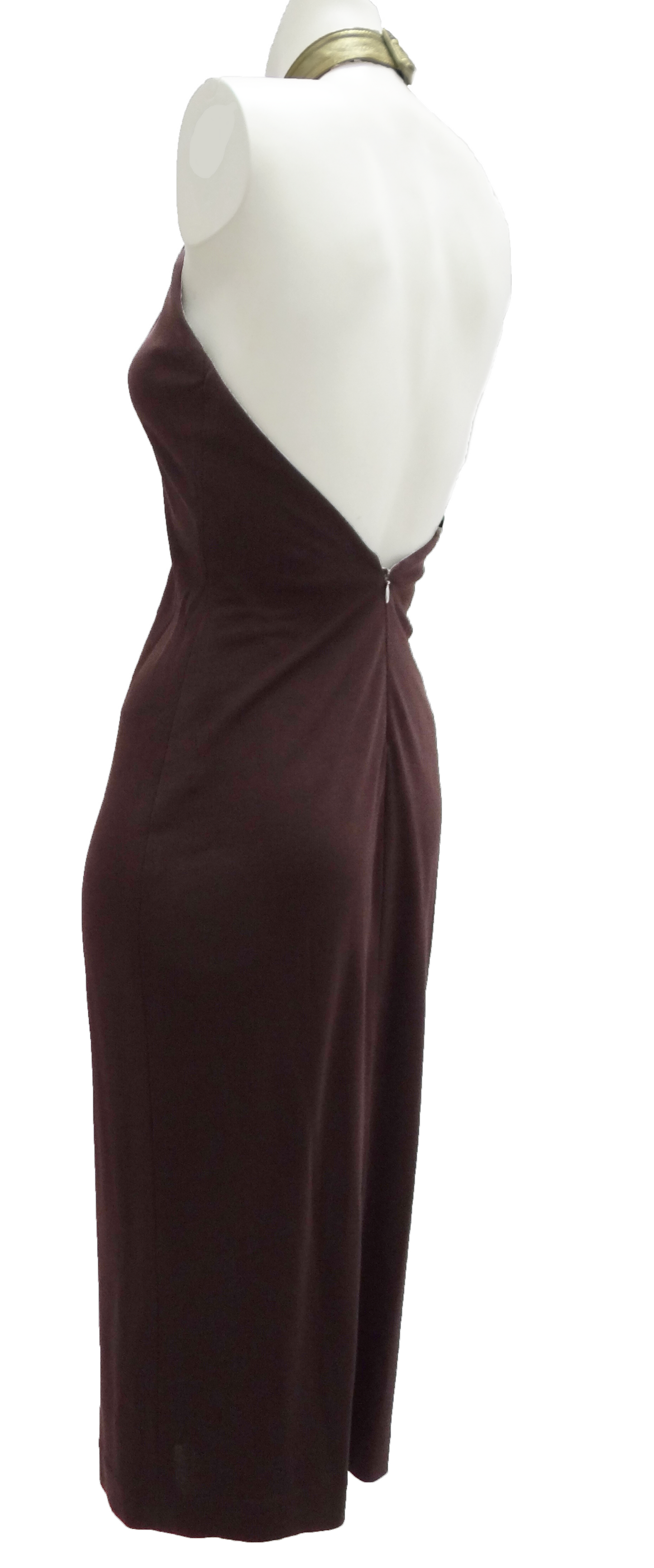 Halston Studio 54 Brown Jersey Halter Dress with Gold Collar UK10