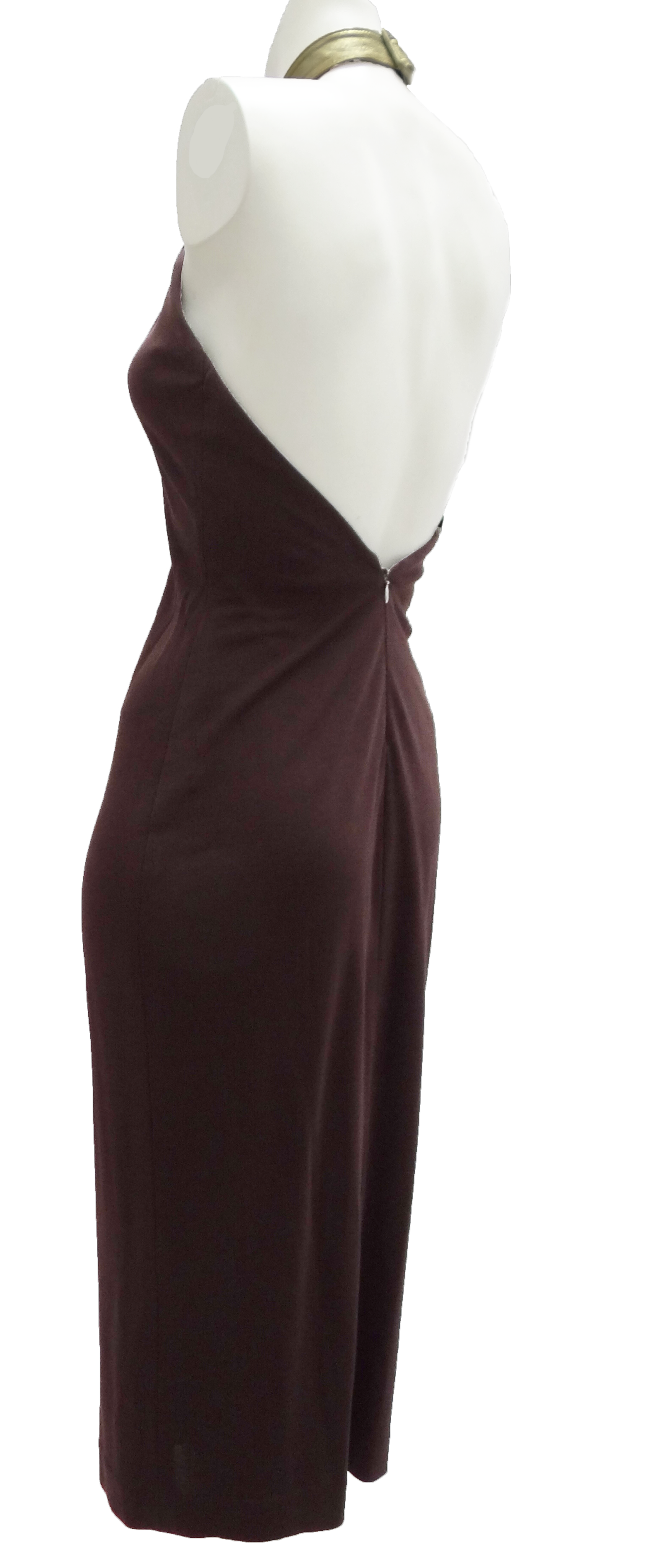 Halston Studio 54 Brown Jersey Halter Dress with Gold Collar UK10