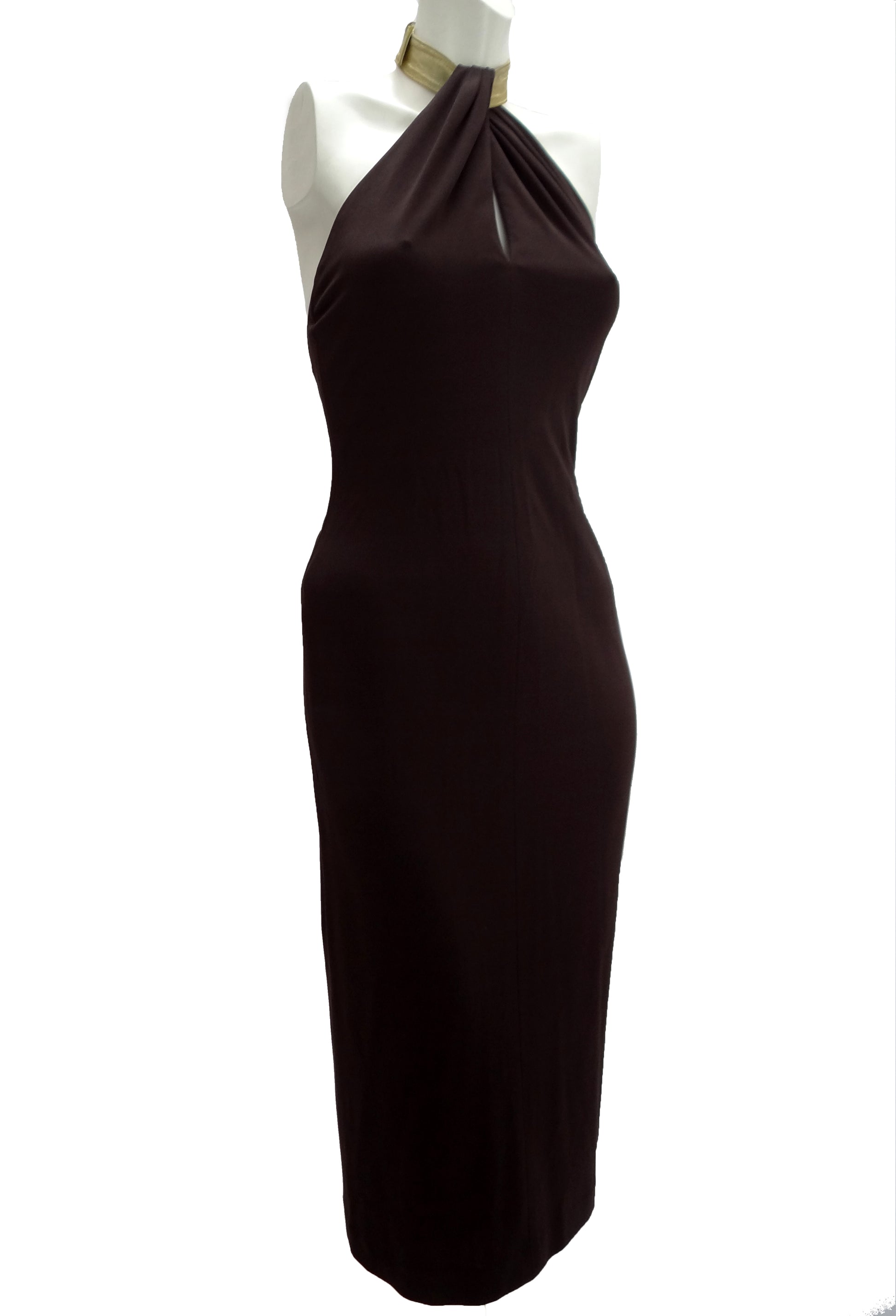 Halston Studio 54 Brown Jersey Halter Dress with Gold Collar, UK10