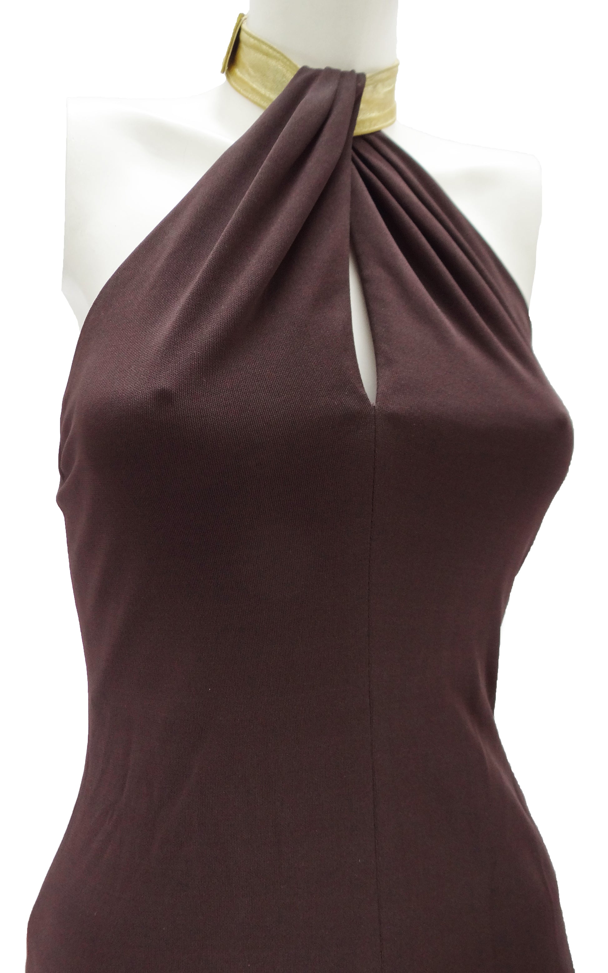 Halston Studio 54 Brown Jersey Halter Dress with Gold Collar UK10