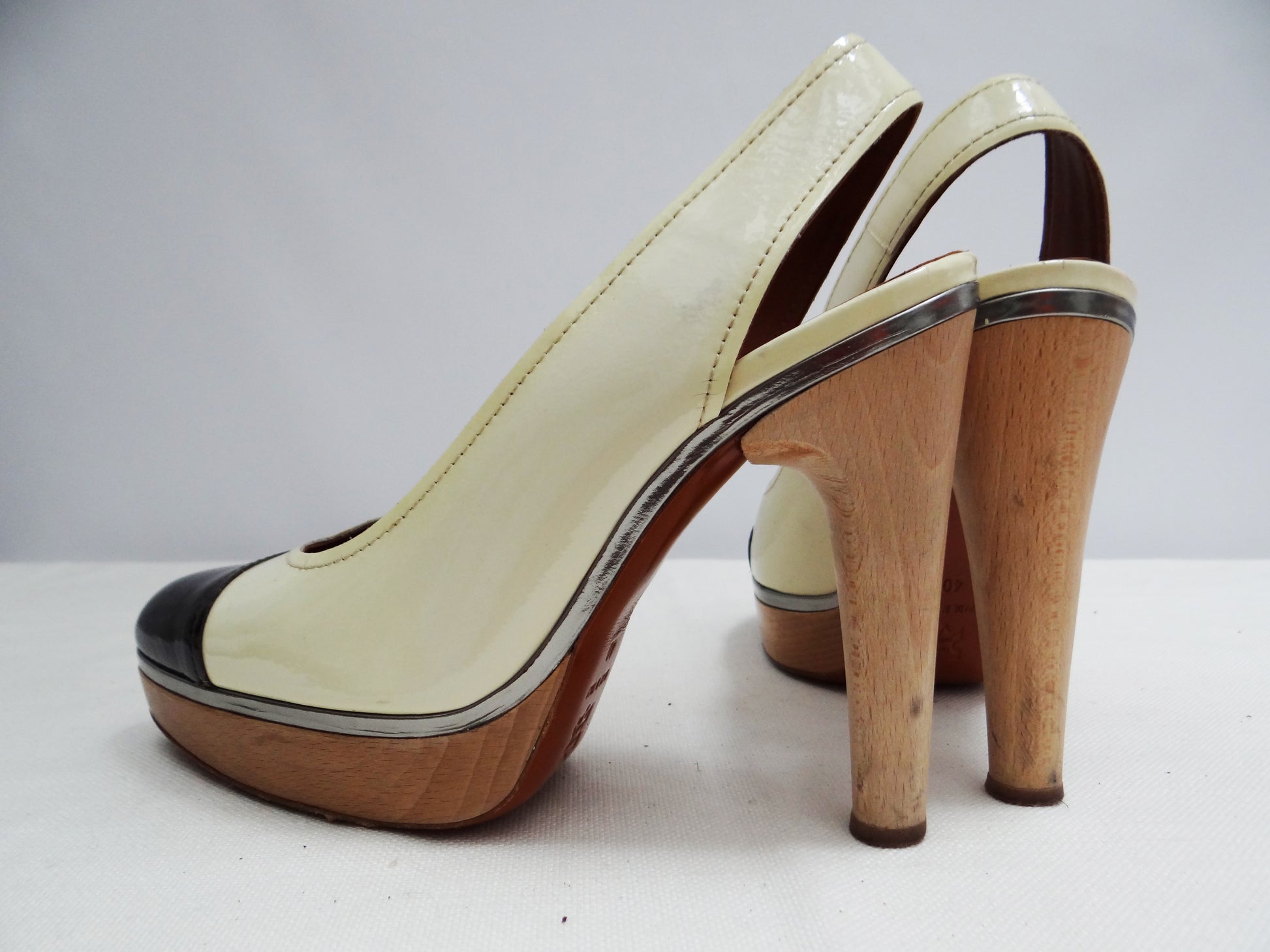 Lanvin Two Tone Patent Slingbacks with Wooden Heels and Platforms, UK6.5