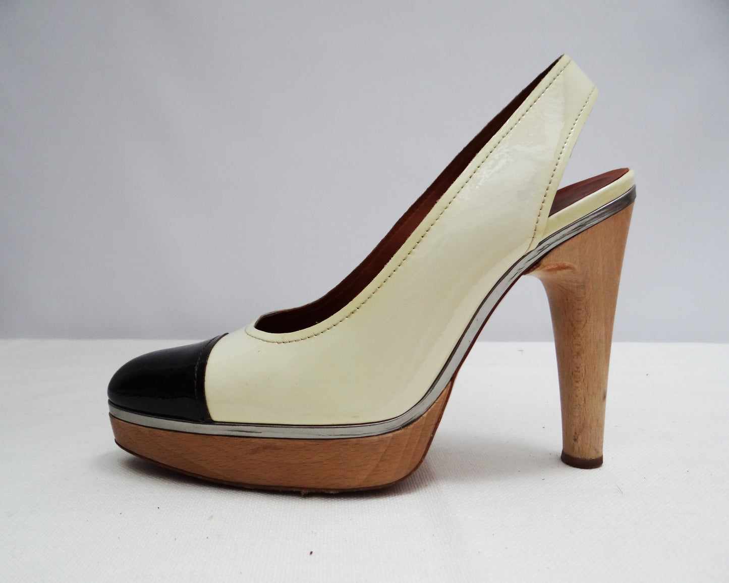 Lanvin Two Tone Patent Slingbacks with Wooden Heels and Platforms, UK6.5