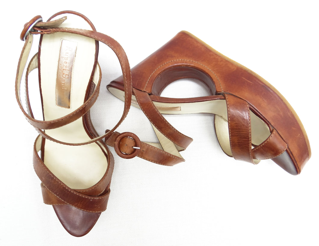 Rupert Sanderson Tan Leather Wedge Heels UK7 Menage Modern Vintage