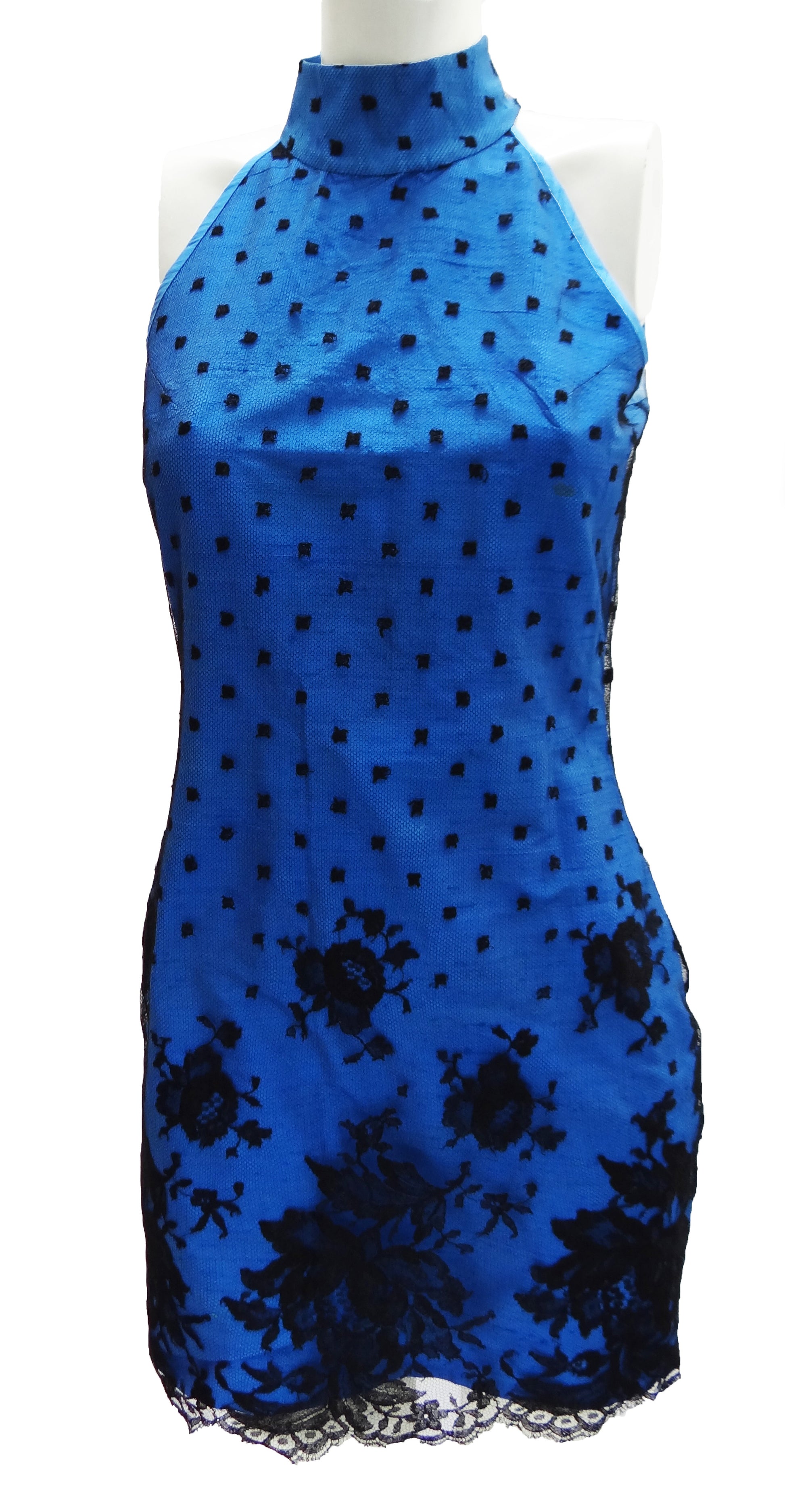 Vintage Electric Blue Silk Halter Mini Dress with Lace Shell c.1987 UK10-12