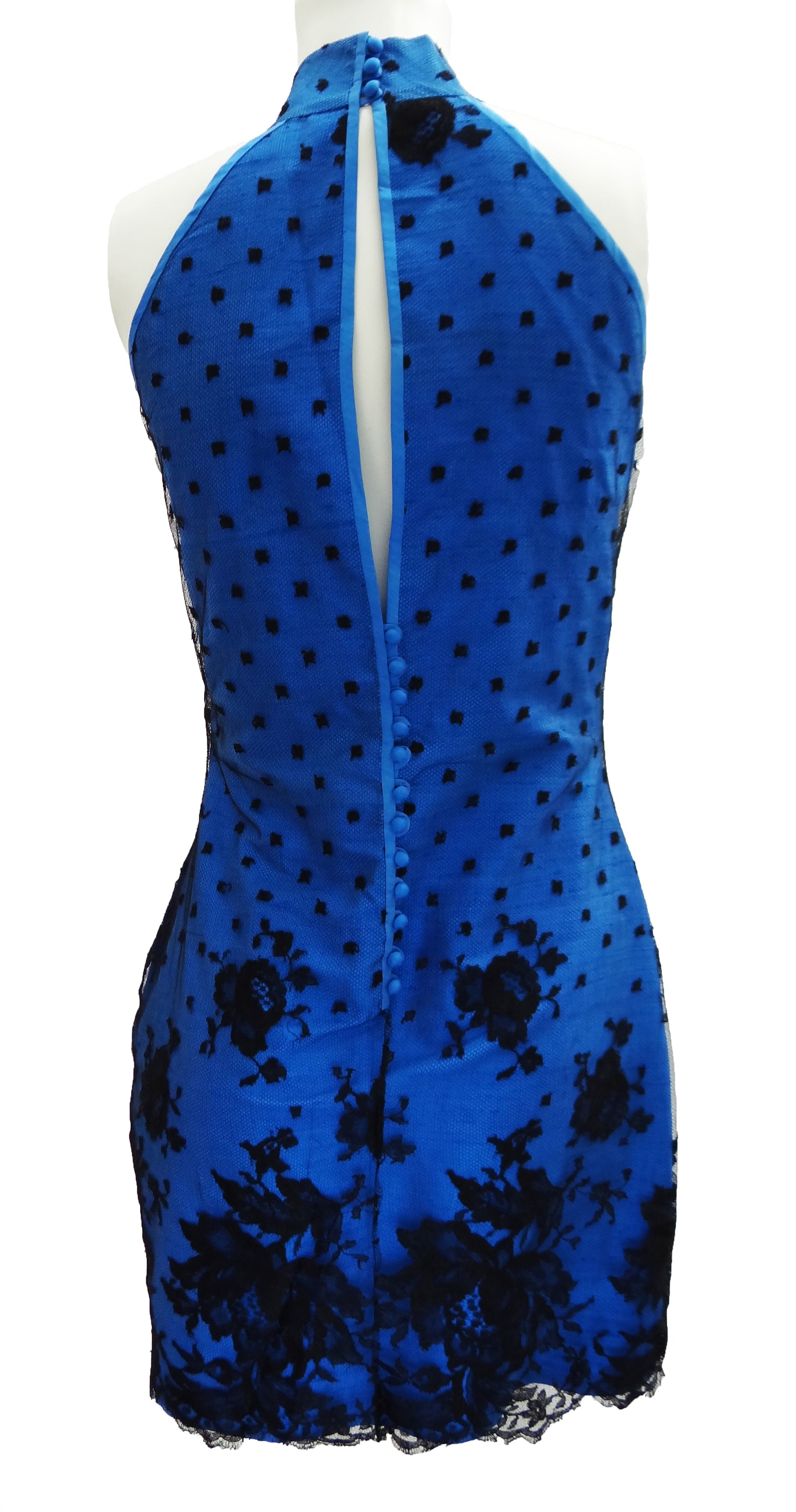 Vintage Electric Blue Silk Halter Mini Dress with Lace Shell c.1987 UK10-12