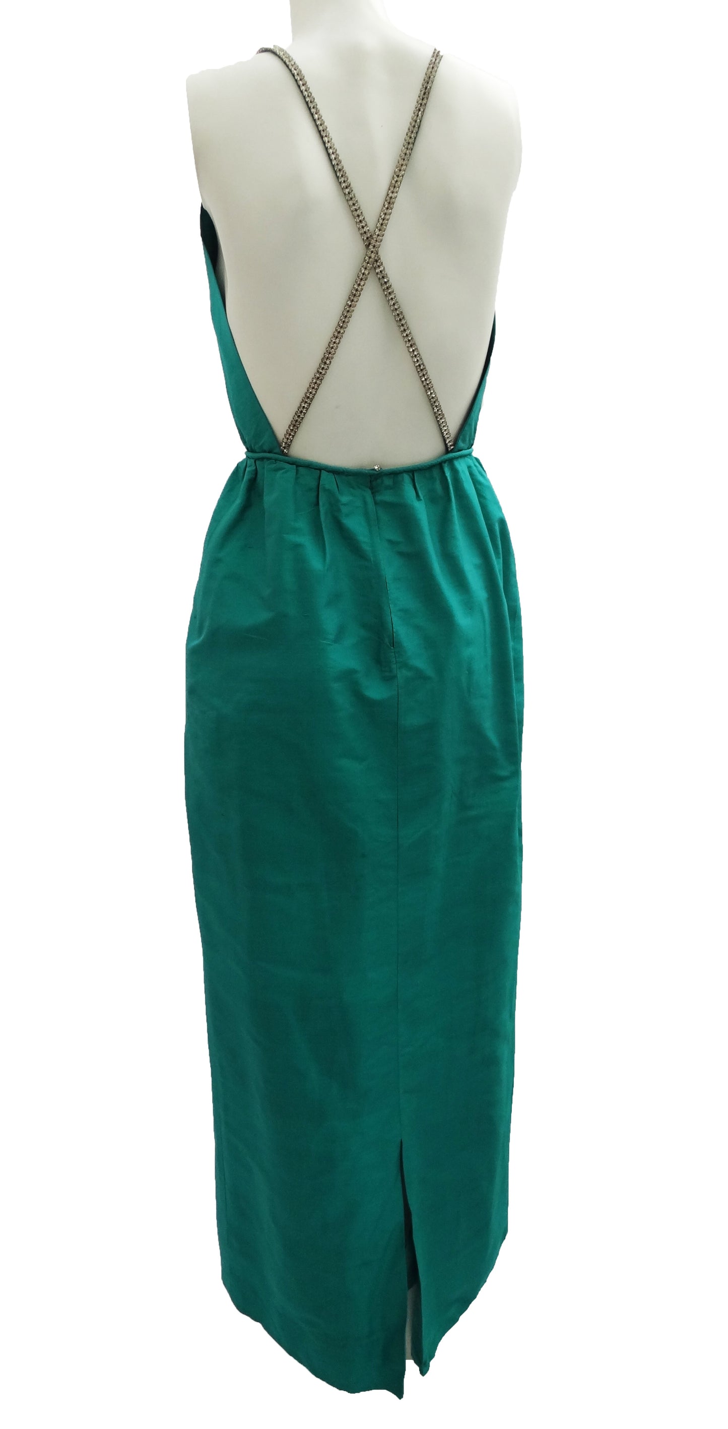 Vintage Emerald Green Silk Long Evening Gown with Diamante Straps, UK10-12