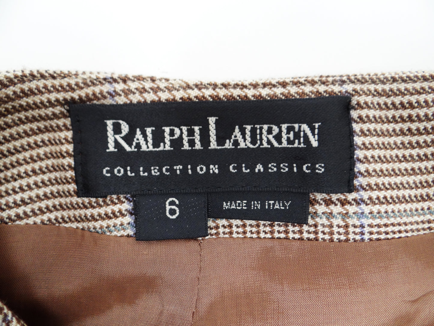 Ralph Lauren Pencil Skirt in Tan Cashmere and Silk Glen Plaid, UK12