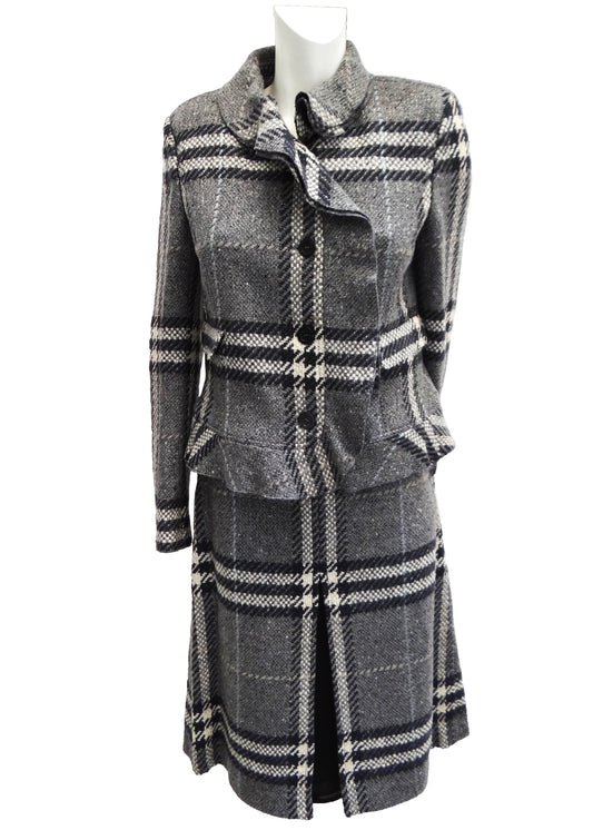 Burberry Tailored Skirt Suit in Grey Check Weave with Silver Thread, UK12