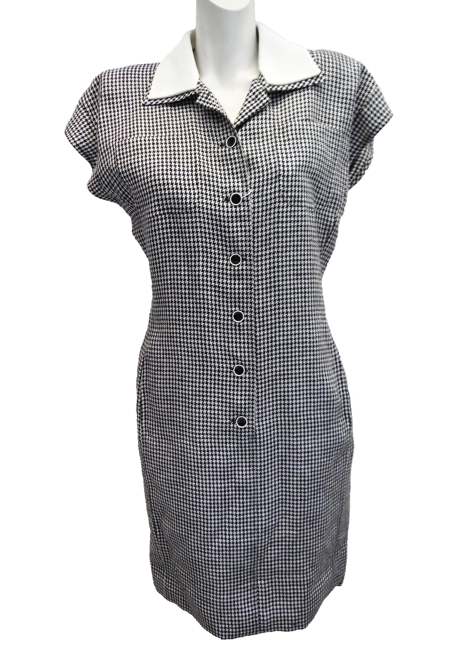 Ungaro Vintage Button-through Houndstooth Dress with Contrasting Collar, UK12