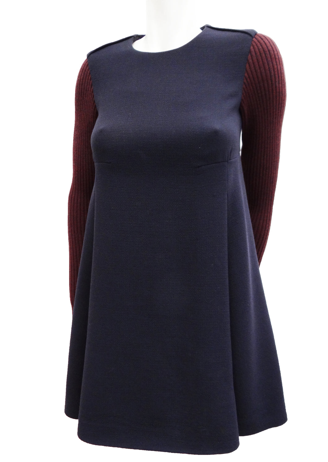 Cacharel Trapeze Dress in Navy Wool with Contrast Knitted Sleeves, UK8