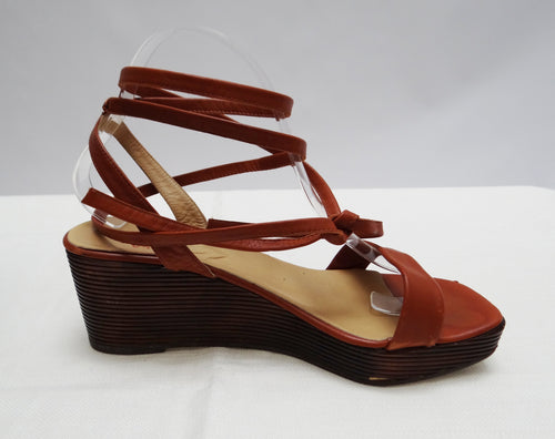 Charles Jourdan Tan Wedge Sandals with Ankle Laces, UK7