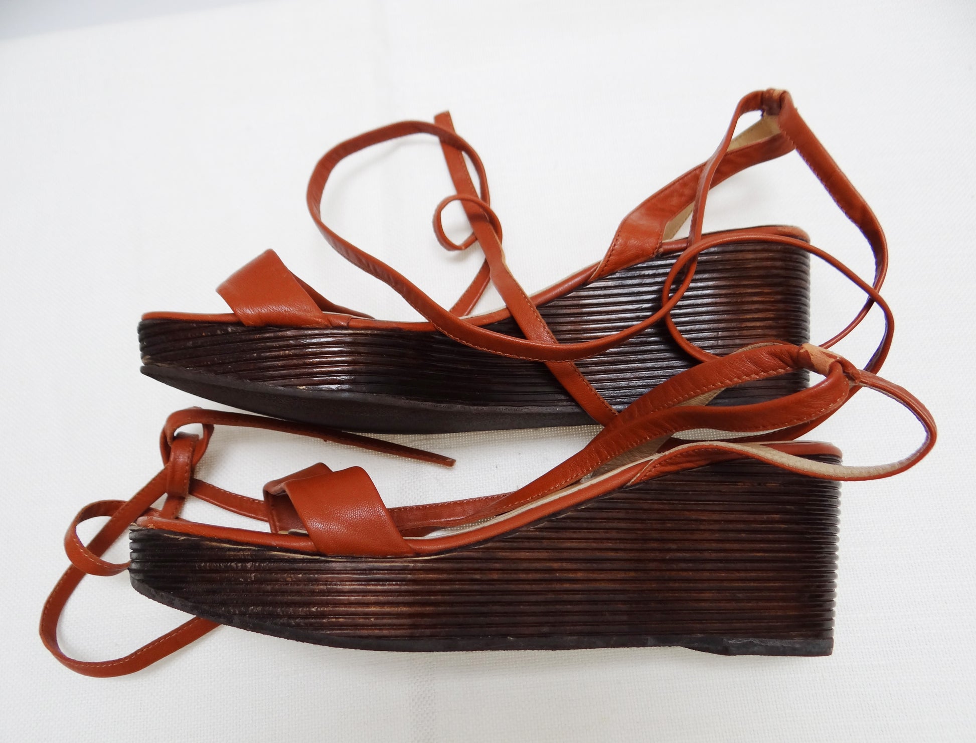 Charles Jourdan Tan Wedge Sandals with Ankle Laces, UK7