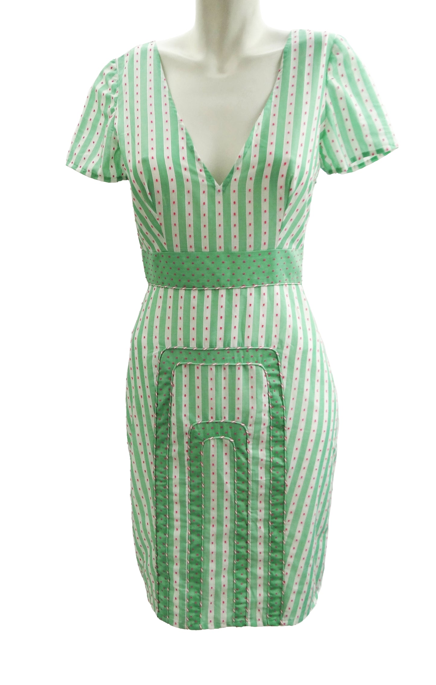 Mint Green Candy Stripe Summer Dress with Pink Embroidery, UK10