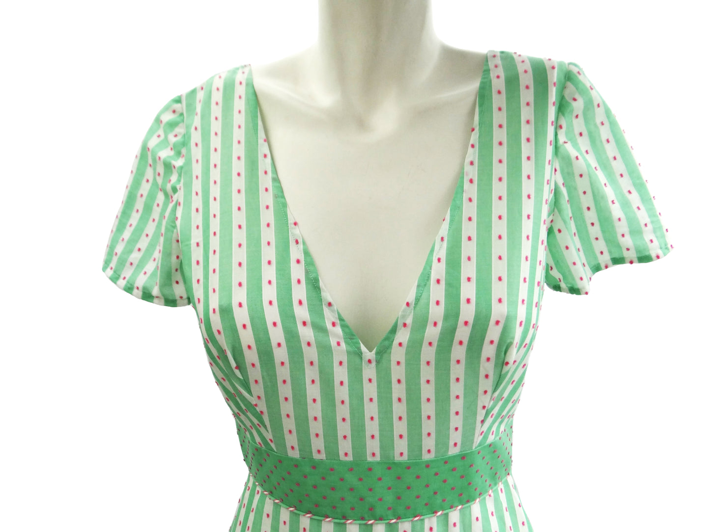 Mint Green Candy Stripe Summer Dress with Pink Embroidery, UK10