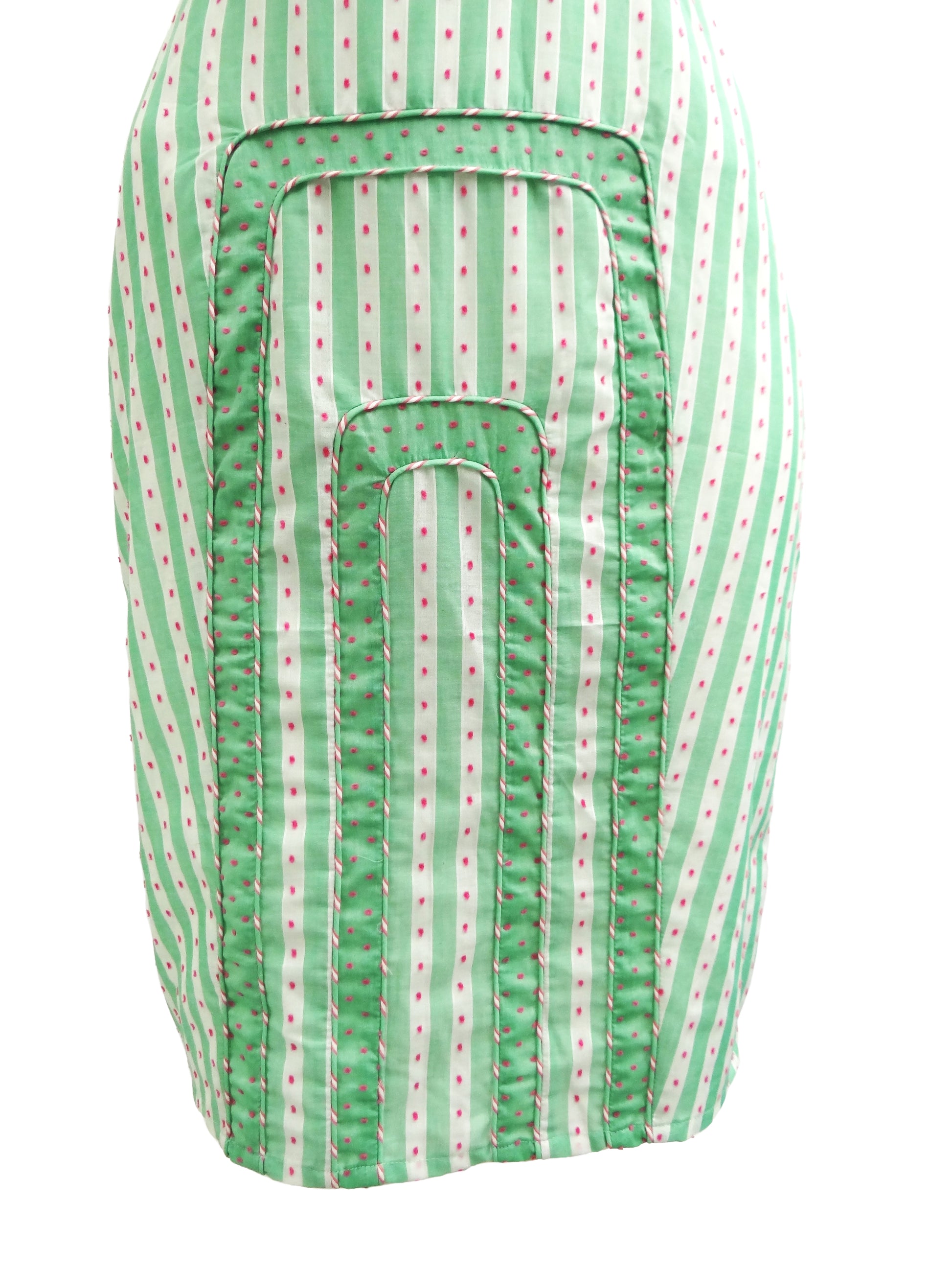 Mint Green Candy Stripe Summer Dress with Pink Embroidery, UK10