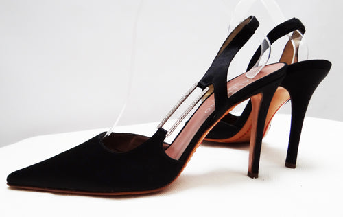 Valentino Stiletto Evening Shoes in Black Satin with Diamante Buckle, UK 6.5