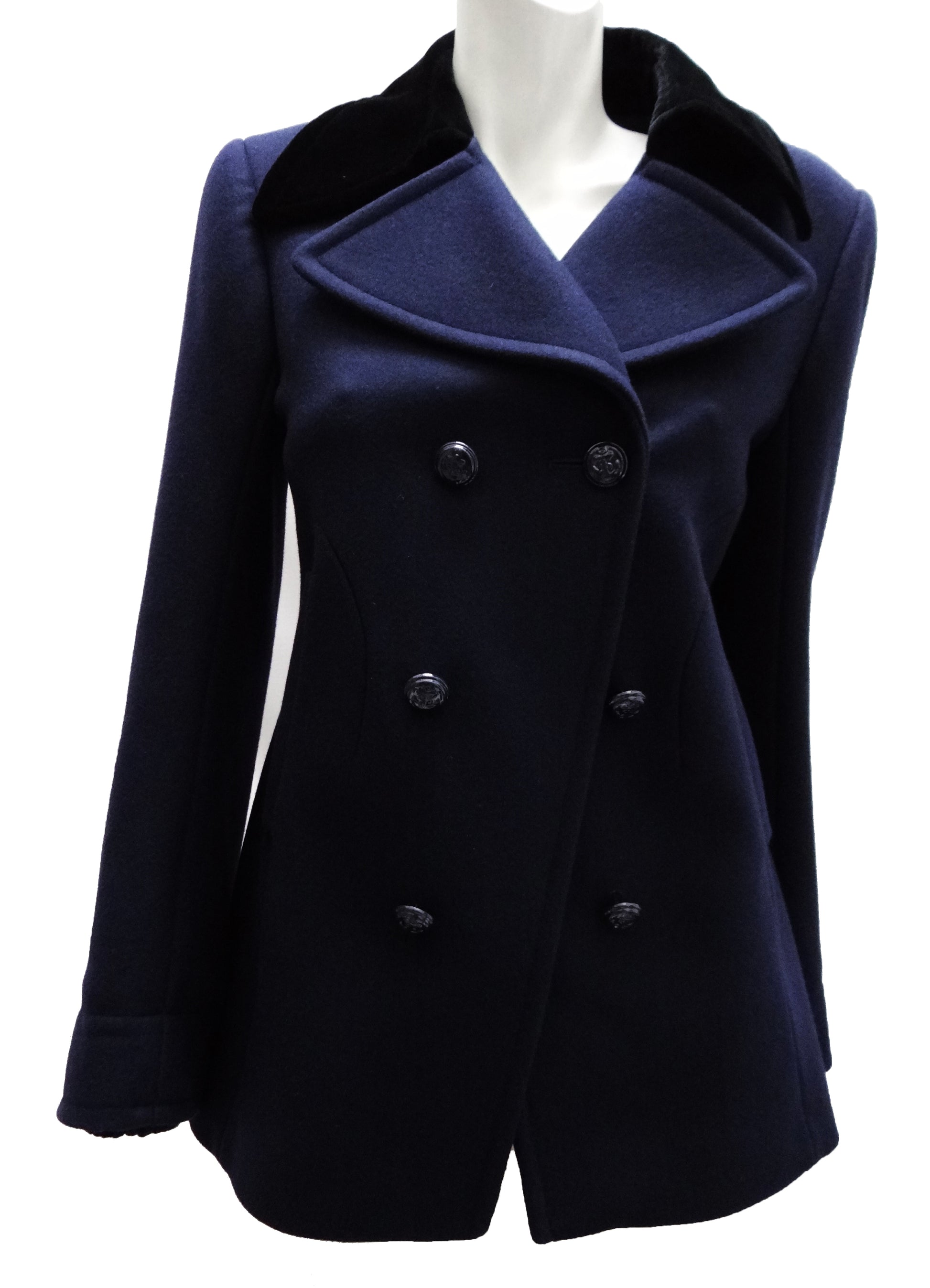 Alexander McQueen Smart Navy Pea Coat with Velvet Collar, UK8-10