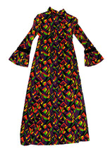 Liberty Vintage Maxi Dress in Black Velvet with Geometric Print, UK8-10