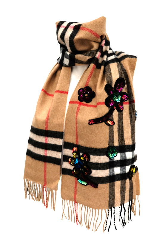 Special Edition Burberry Check Cashmere Scarf with Sequin Flowers