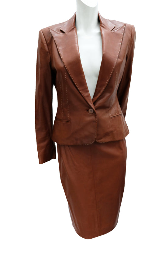 Ralph Lauren Skirt Suit in Soft Brown Leather, UK10-12