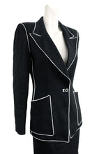 Emanuel Ungaro Skirt Suit in Black Linen with White Piping, UK10