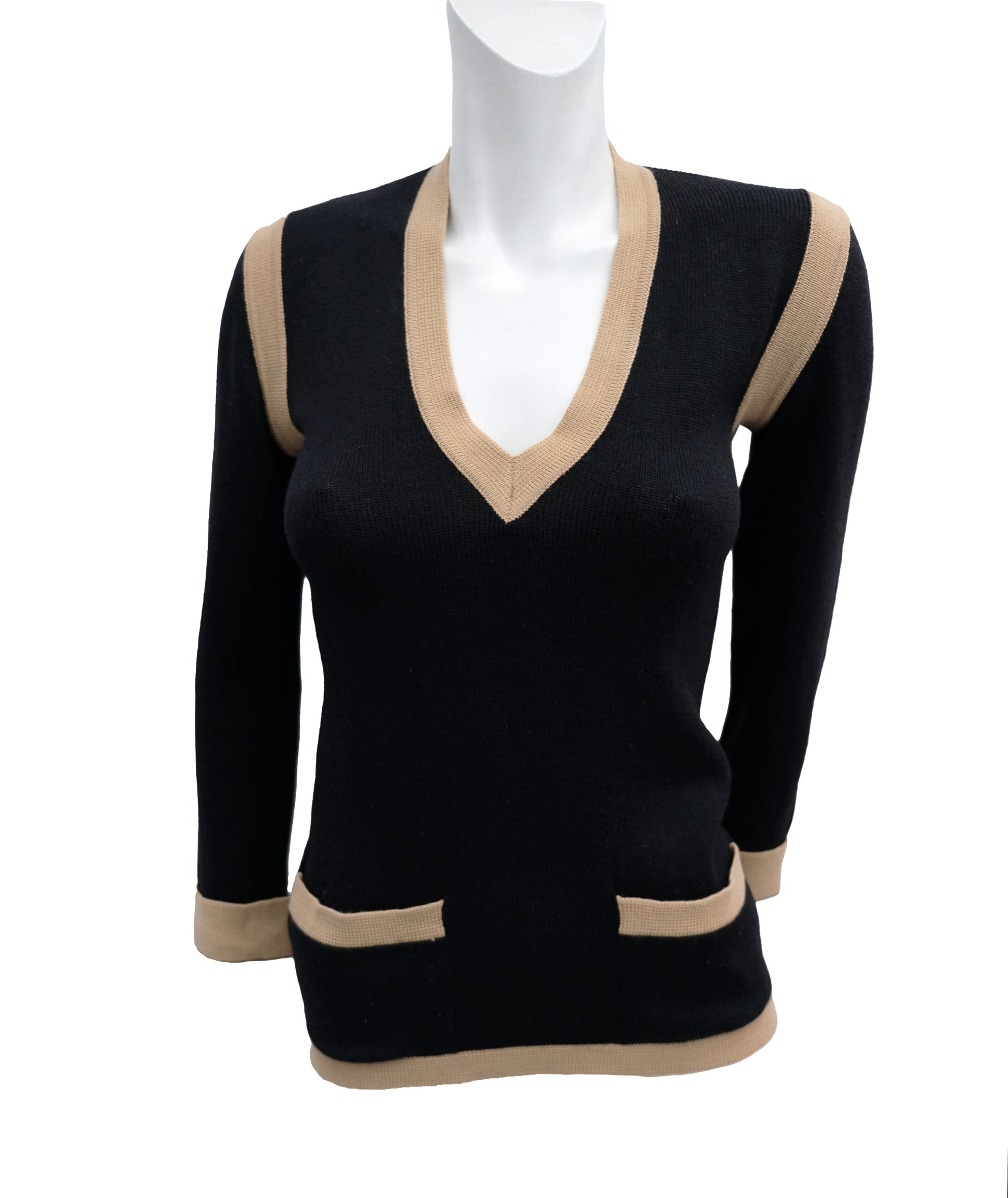 Yves Saint Laurent Vintage V Neck Sweater with Camel Trim, UK10