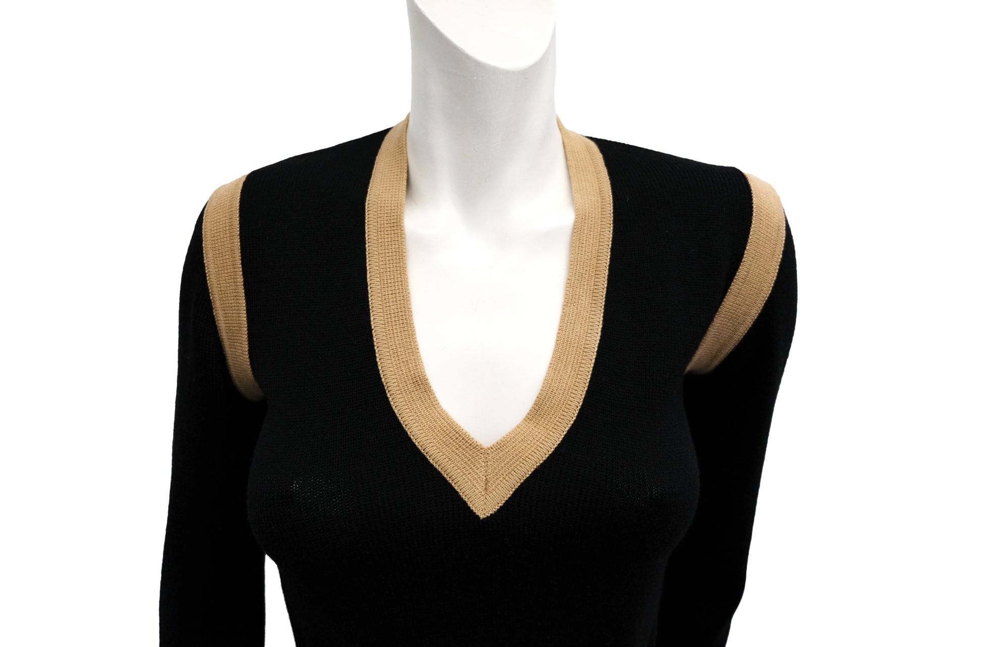 Yves Saint Laurent Vintage V Neck Sweater with Camel Trim, UK10