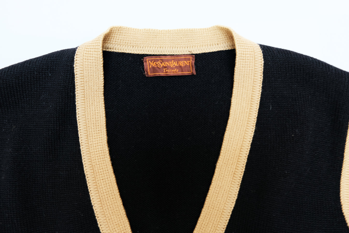 Yves Saint Laurent Vintage V Neck Sweater with Camel Trim, UK10