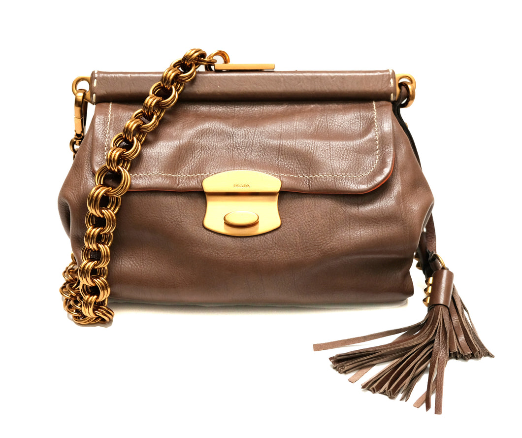 Prada Shoulder Bag in Mocha Leather with Gold Chain, S