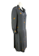 Celine Vintage Shirt Dress in Chequered Silk with Floral Detail, UK12