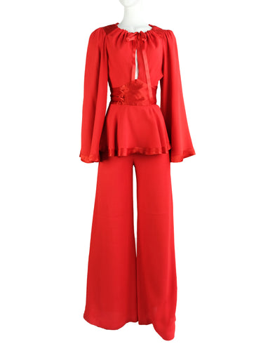 Ossie Clark for Radley Vintage Trouser Set in Red Moss Crepe & Satin, UK10