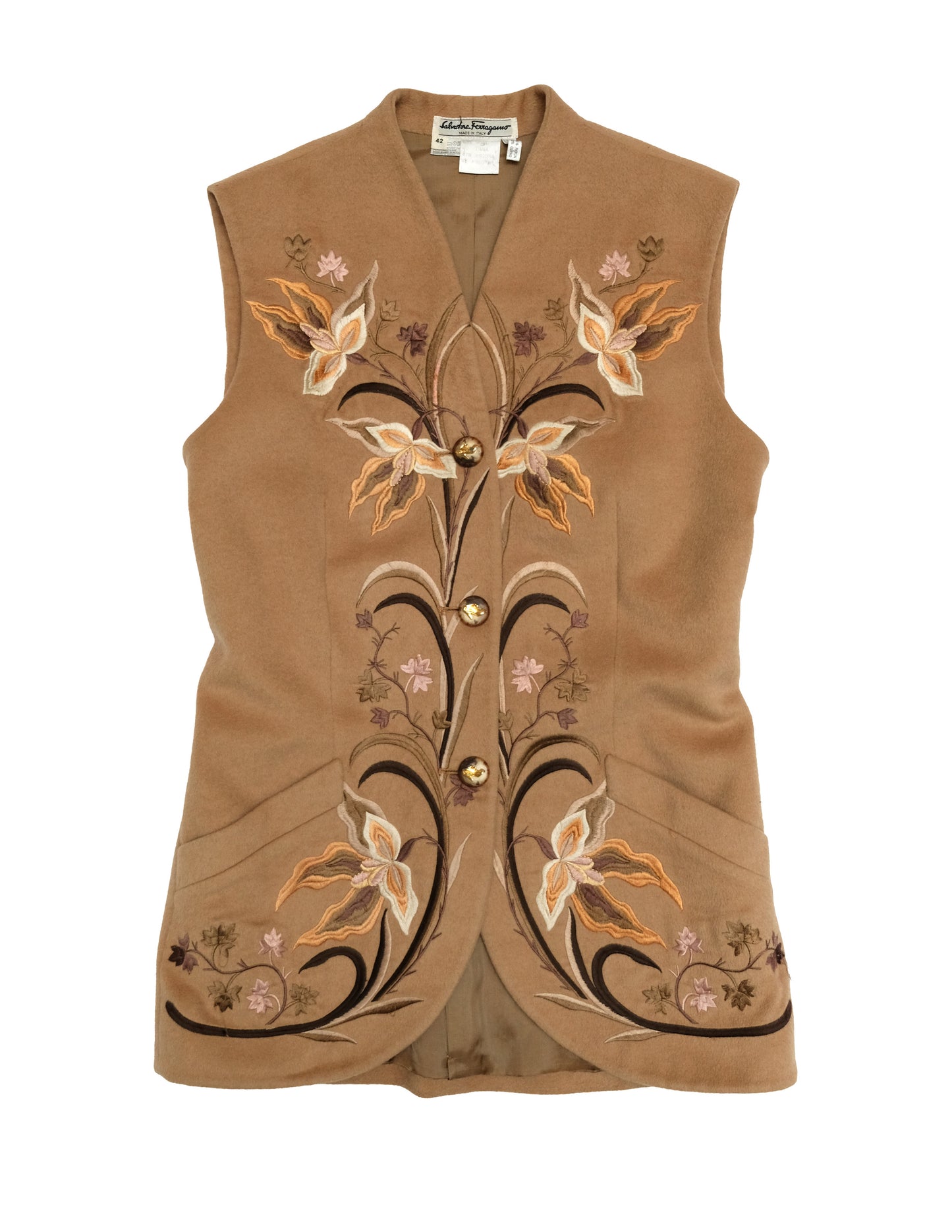 Salvatore Ferragamo Vintage Camel Waistcoat with Embroidered Flowers, UK10