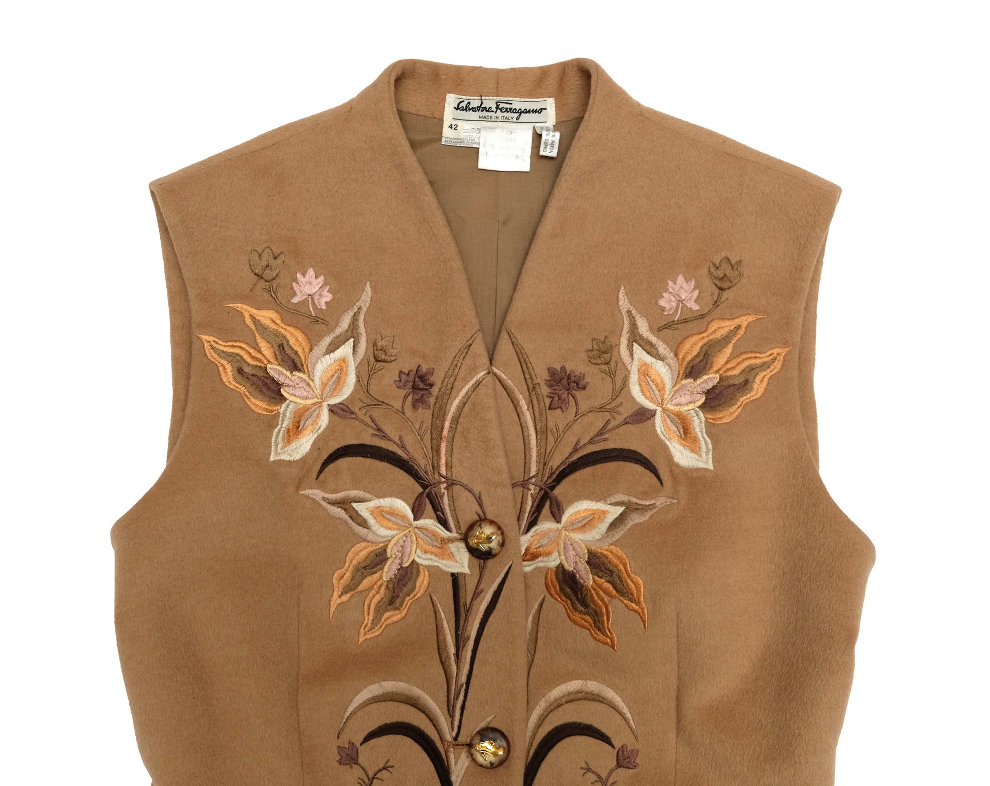 Salvatore Ferragamo Vintage Camel Waistcoat with Embroidered Flowers, UK10