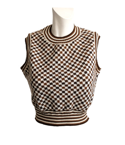 Selfridges 1970s Vintage Checkerboard Knitted Tank Top in Brown, Small