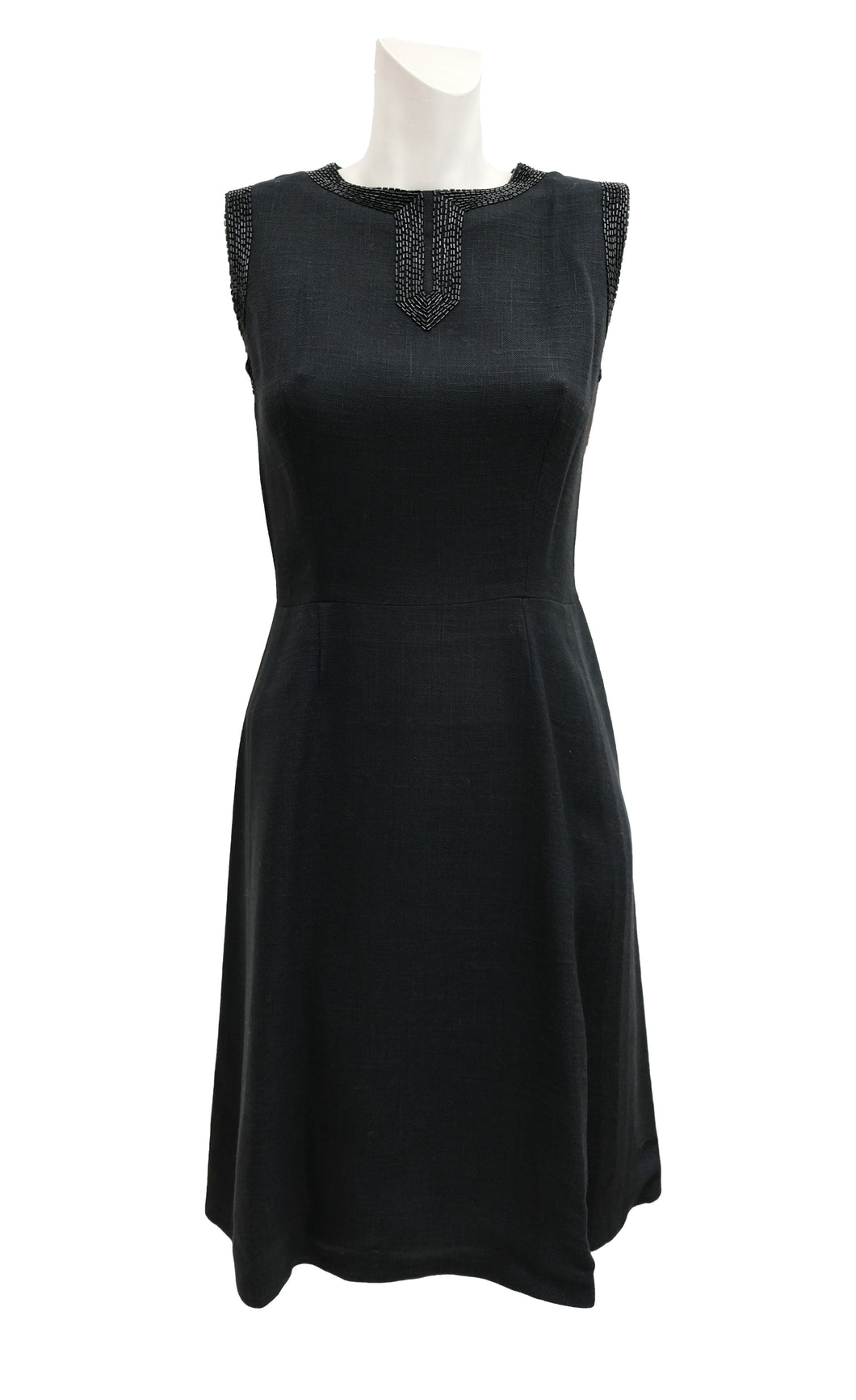 Polly Peck Vintage Little Black Dress in Black Linen with Sequinned Borders, UK8-10