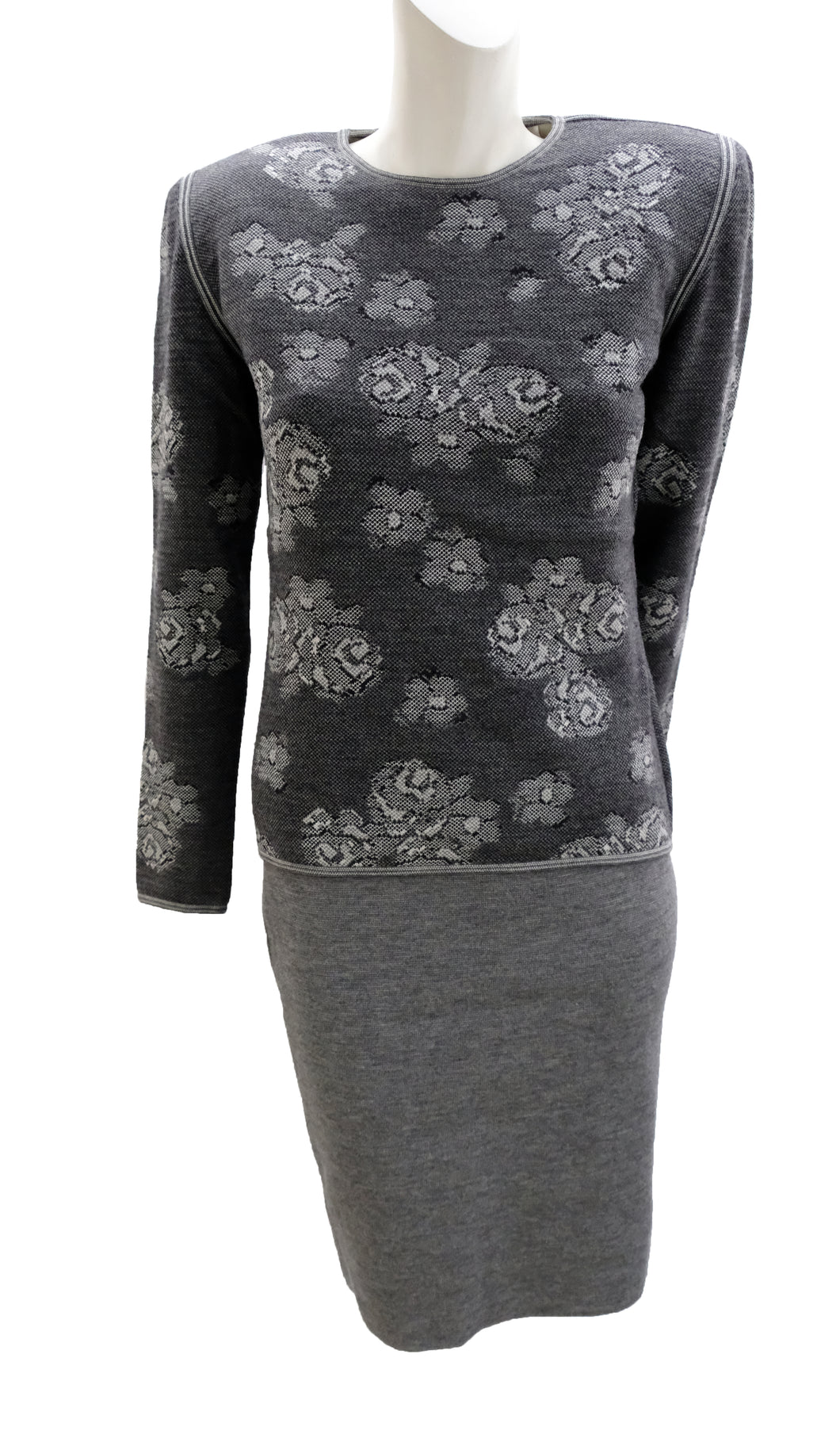 Ungaro Vintage Knitted 2-piece in Grey Wool with Intarsia Flowers, UK10