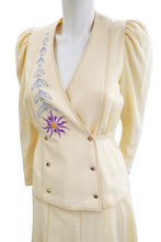 Bill Gibb Vintage Skirt Suit in Cream Wool Crepe with Embroidery, UK10-12