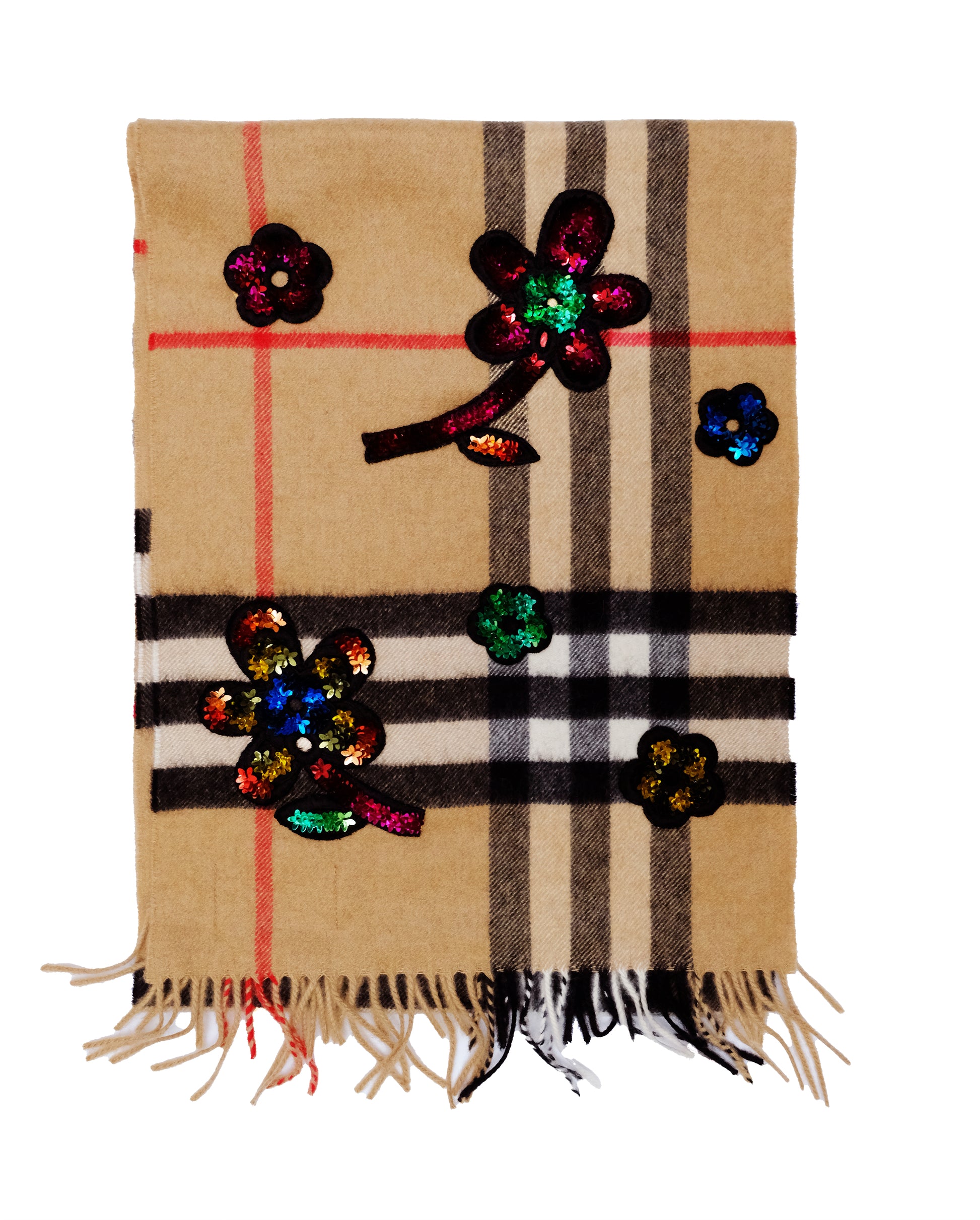 Special Edition Burberry Check Cashmere Scarf with Sequin Flowers