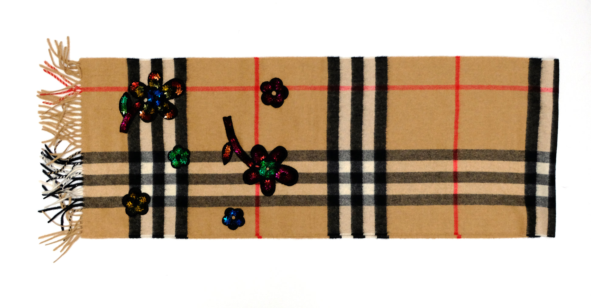 Special Edition Burberry Check Cashmere Scarf with Sequin Flowers